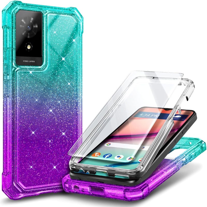 WDHD Compatible with TCL K24 & K23 & TCL 50 LE Phone Case Glitter Aqua/Purple | Full-Body Protective Shockproof Rugged Bumper Cover with Screen Protector, Raised Corners Drop Protection - Image 1